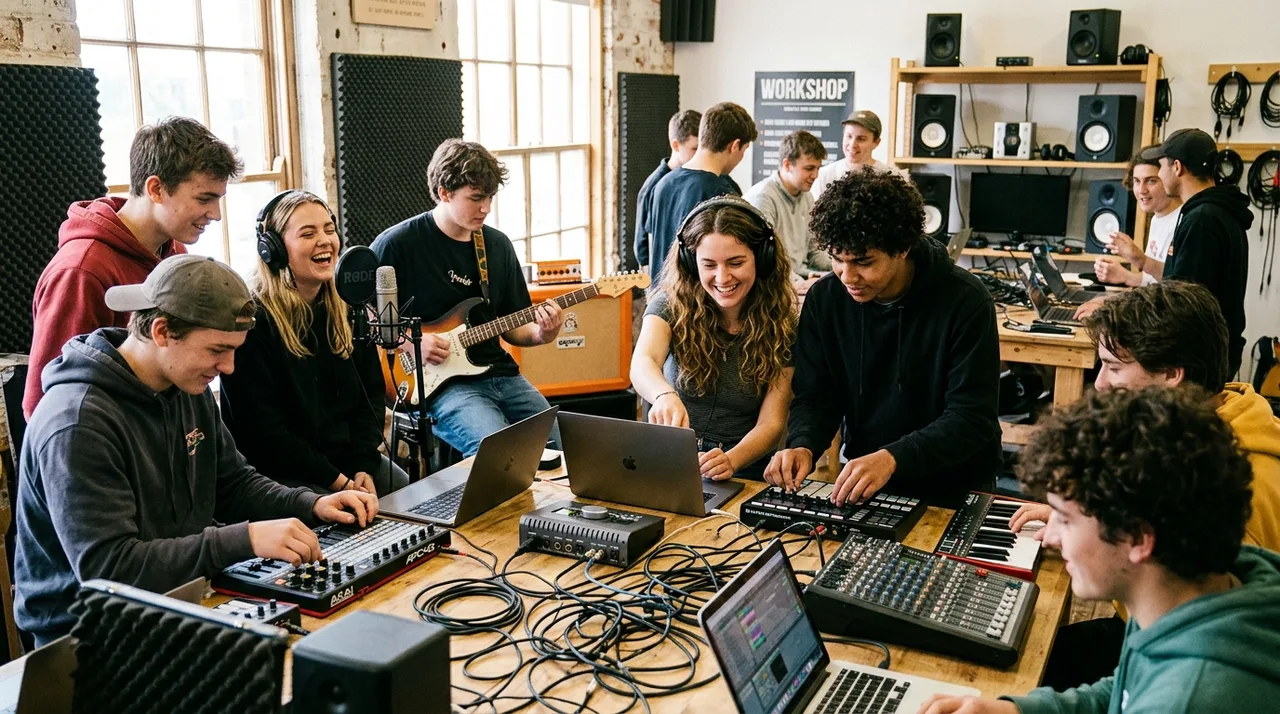 Jeunes participants à un atelier collaboratif de découverte musicale et sonore à Toulouse